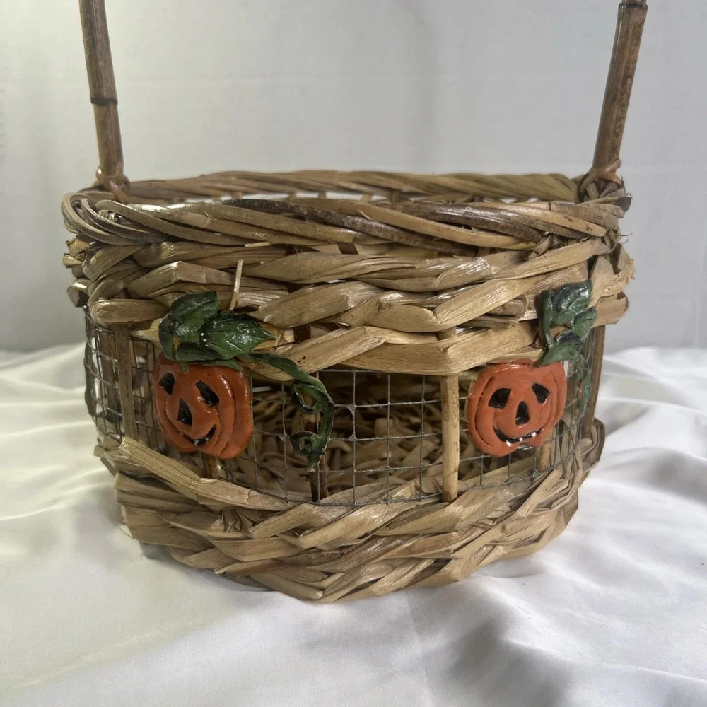 VINTAGE Pumpkin Basket Halloween‎ Jack O'Lantern Woven Basket  Decoration
